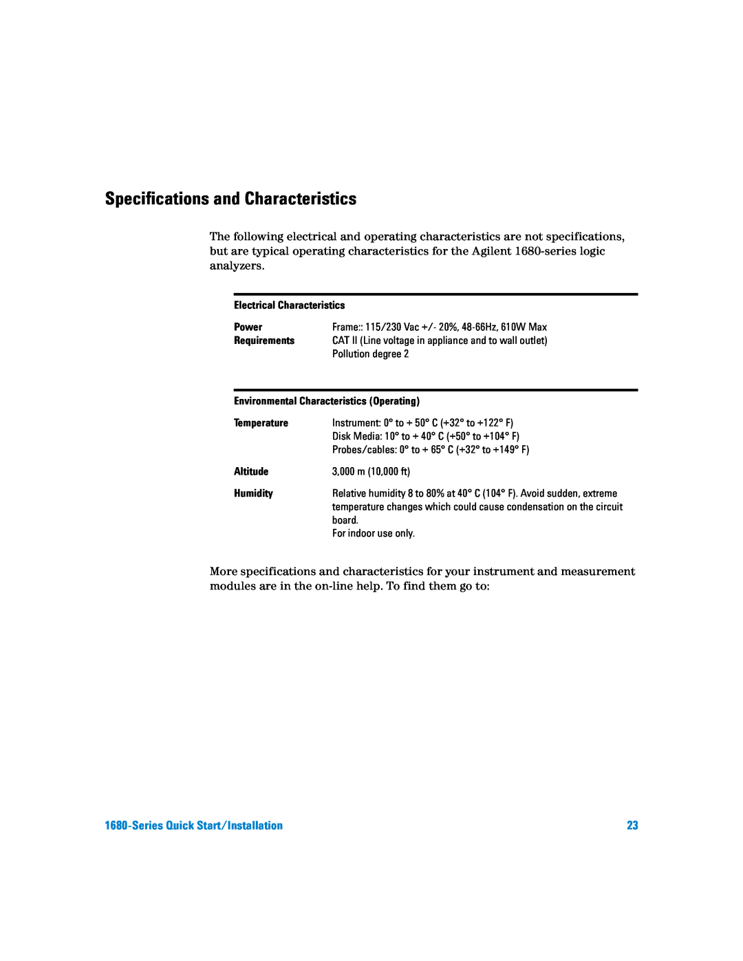 Agilent Technologies 1680 Specifications and Characteristics, Series Quick Start/Installation, Electrical Characteristics 