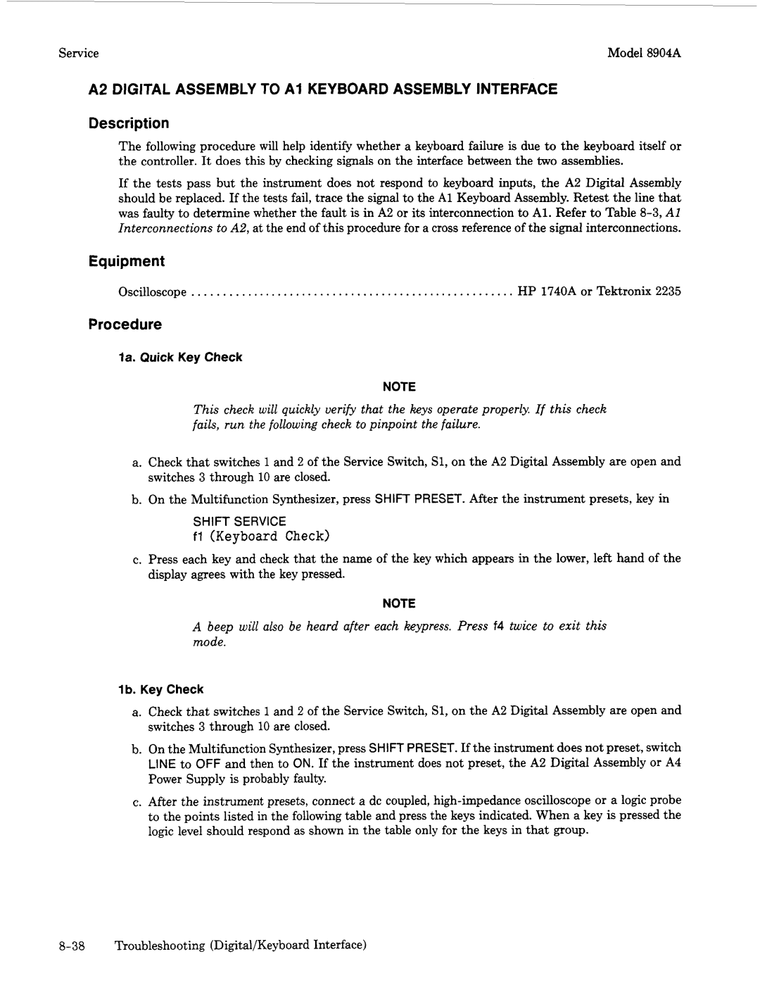 Agilent Technologies 2712A, 2948 manual A2 Digital Assembly to A1 Keyboard Assembly Interface, Fl Keyboard Check 