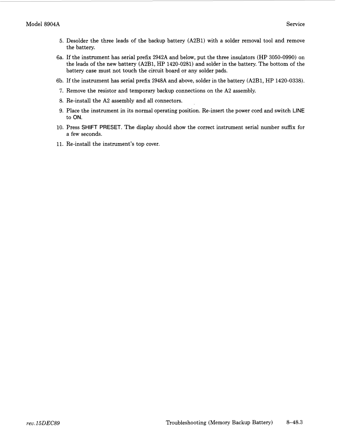 Agilent Technologies 2712A, 2948 manual Rev.15DEC89 Troubleshooting Memory Backup Battery, 48.3 