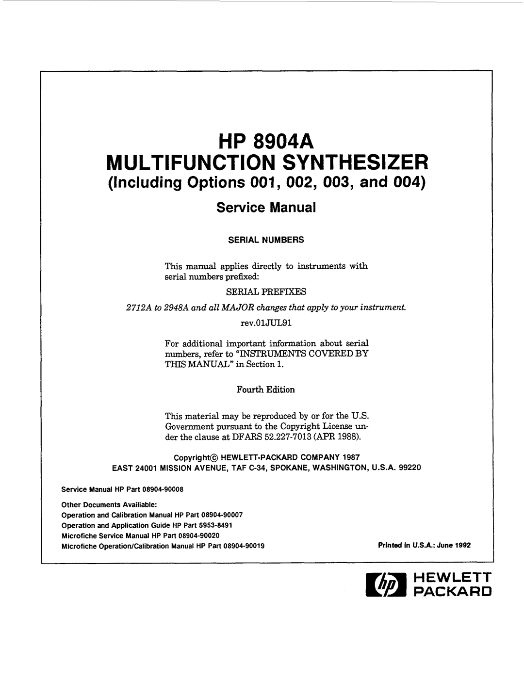 Agilent Technologies 2712A, 2948 manual Multifunction Synthesizer, Copyright@ HEWLETT-PACKARD Company 