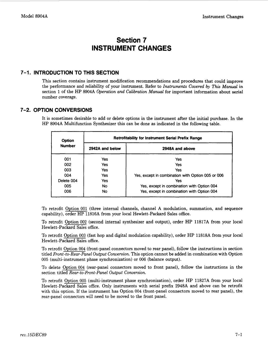 Agilent Technologies 2948, 2712A manual Option Conversions, Rev.15DEC89, Number 2942A and below 