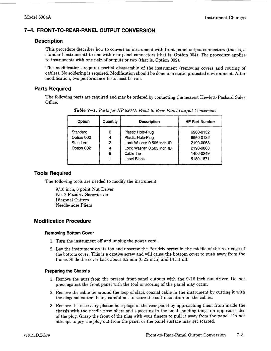 Agilent Technologies 2948, 2712A manual FRONT-TO-REAR-PANELOUTPUT Conversion Description, Parts Required, Tools Required 