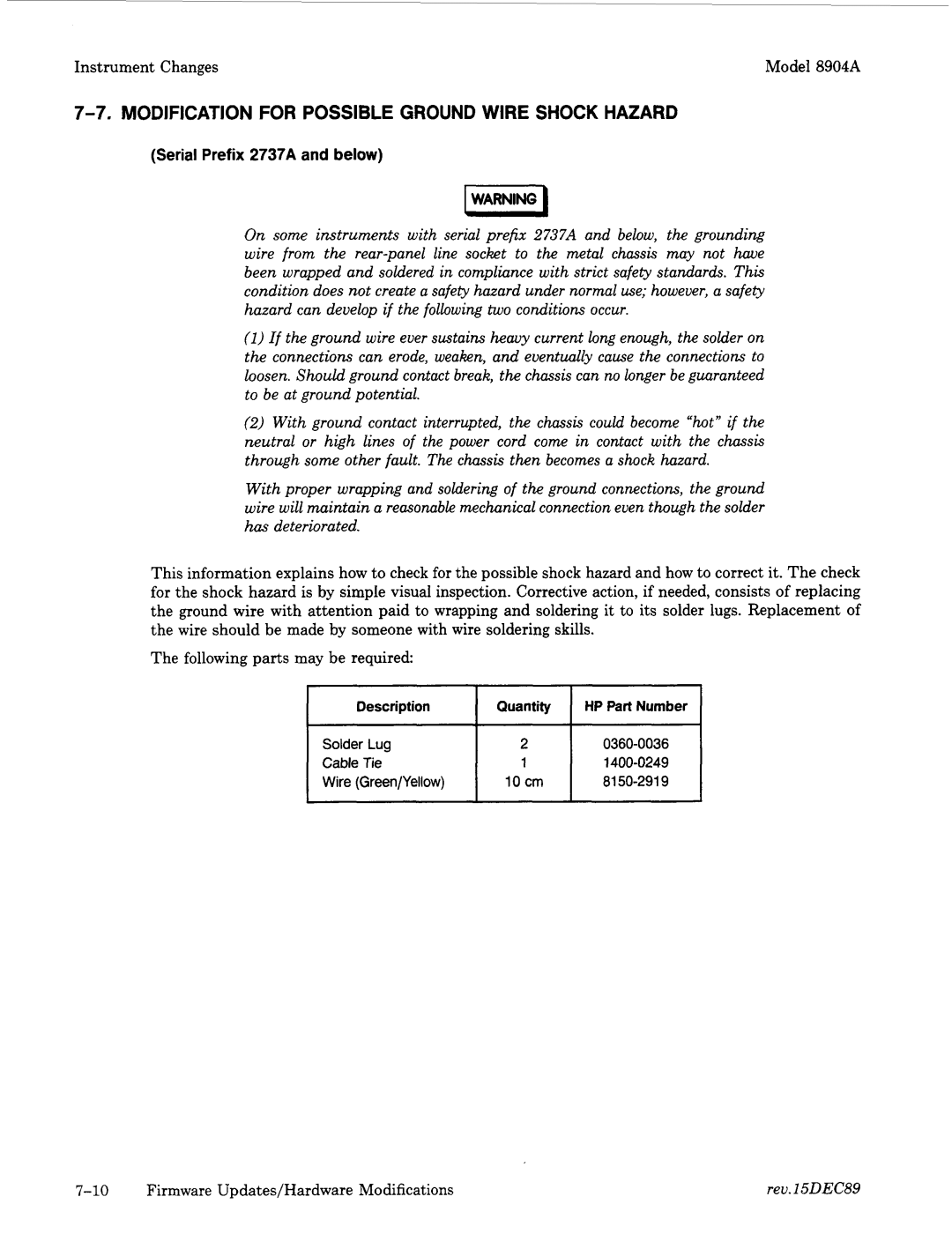 Agilent Technologies 2712A, 2948 manual Modification for Possible Ground Wire Shock Hazard, Serial Prefix 2737A and below 