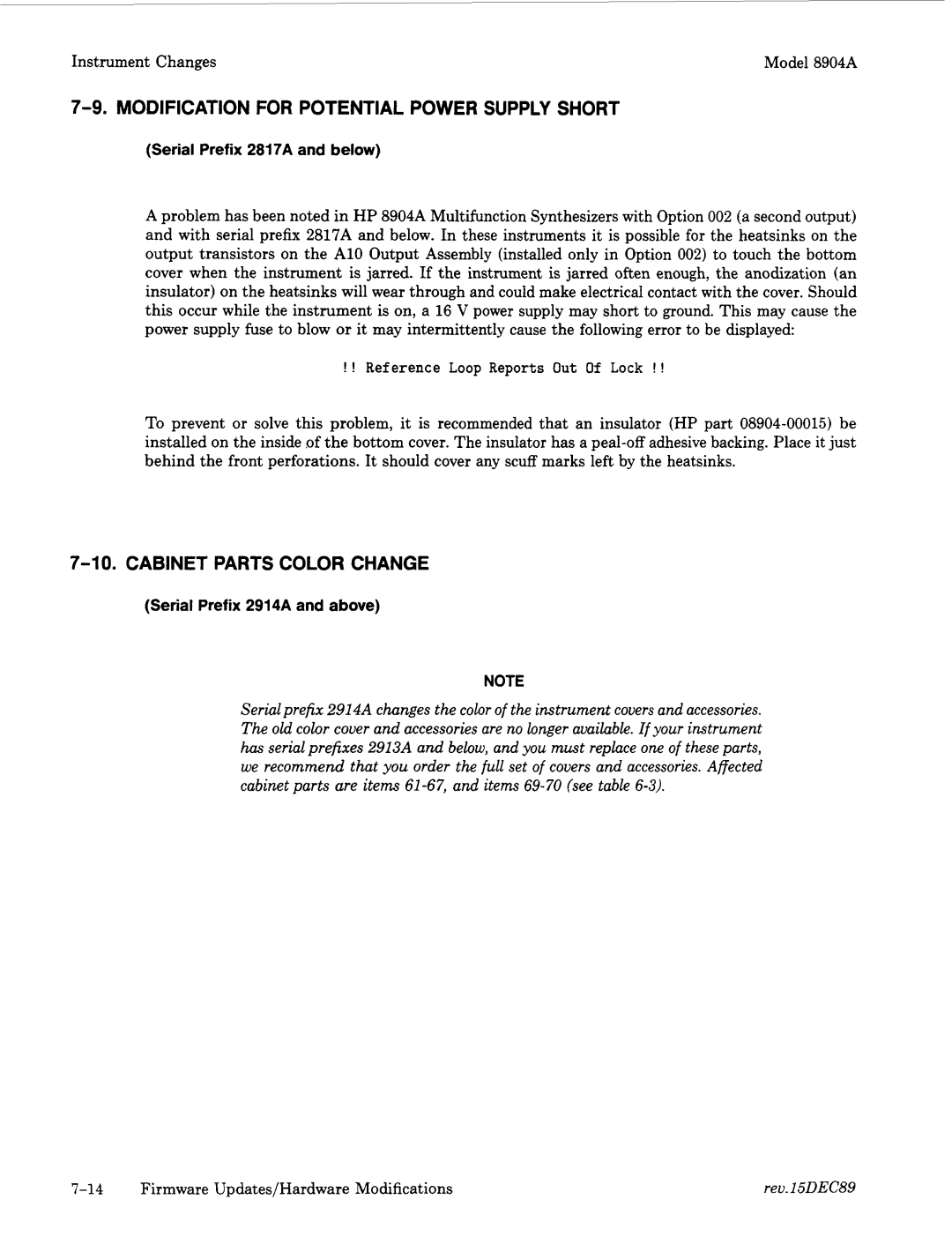 Agilent Technologies 2712A, 2948 manual Modification for Potential Power Supply Short, Cabinet Parts Color Change 