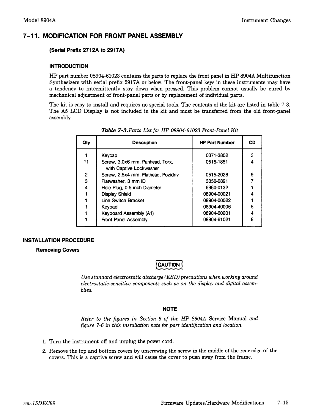 Agilent Technologies 2948, 2712A Modificationfor Front Panel Assembly, Reu.15DEC89 Firmware UpdatesIHardwareModifications 