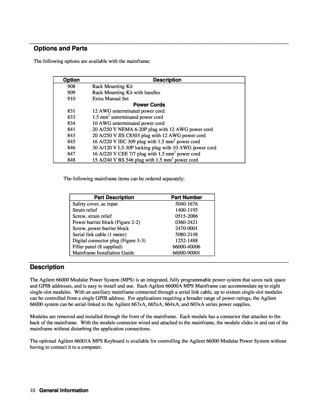 Agilent Technologies 66000A manual Options and Parts, Power Cords, Part Description, Part Number, General Information 