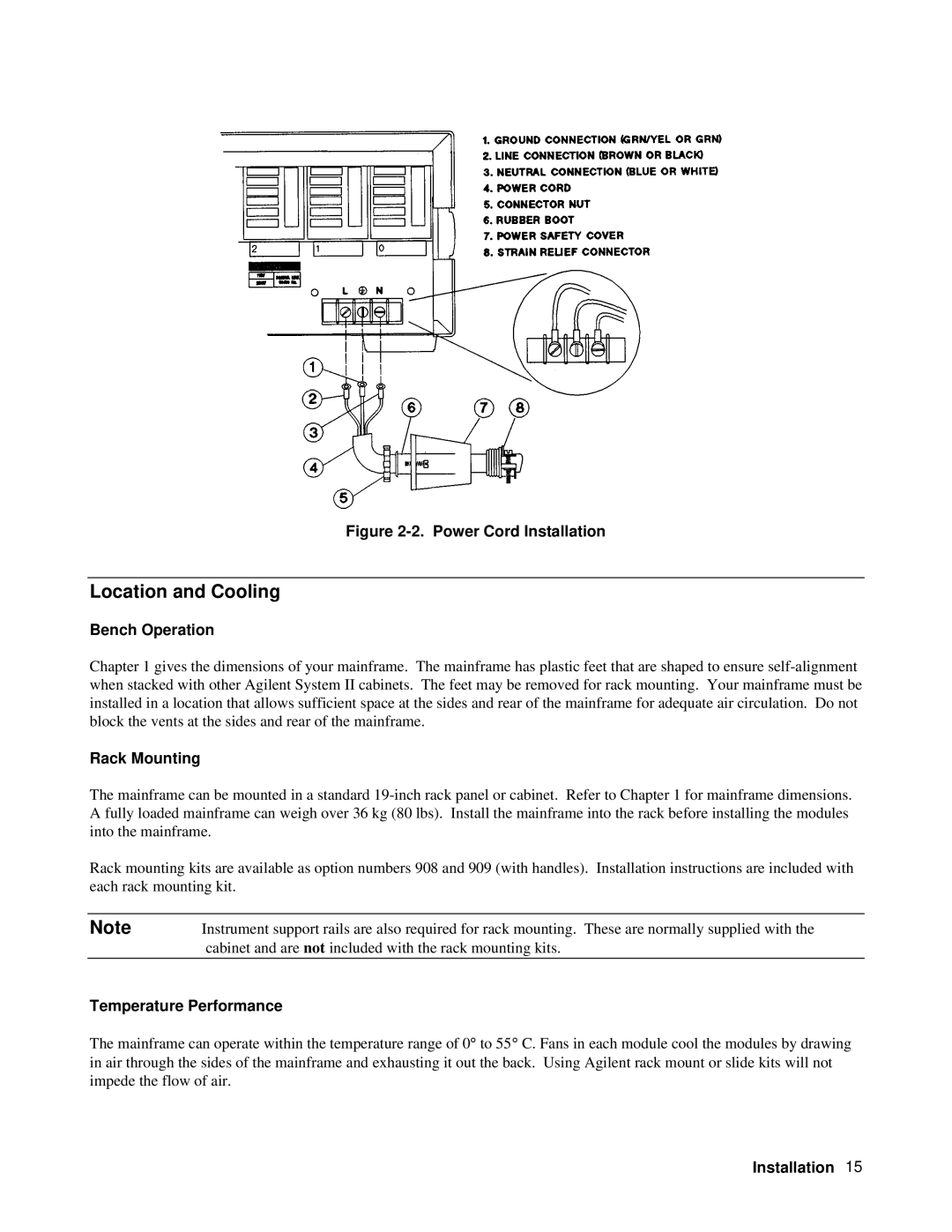 Agilent Technologies 3138A-00101 and above Location and Cooling, Bench Operation, Rack Mounting, Temperature Performance 