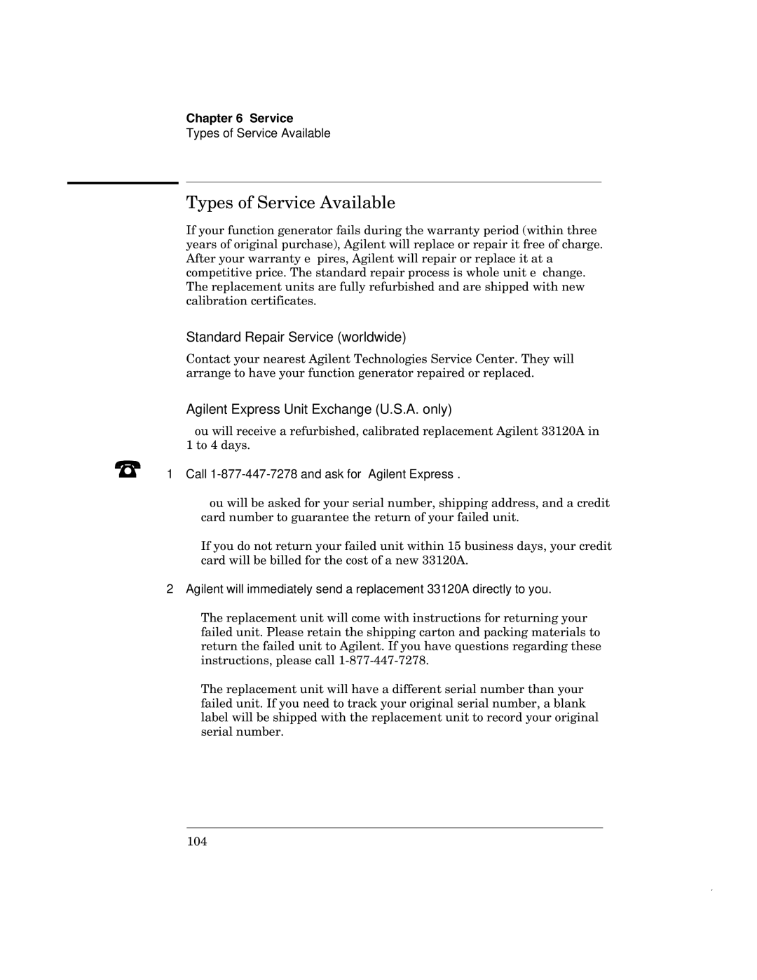 Agilent Technologies 33120A manual Types of Service Available, Call 1-877-447-7278 and ask for Agilent Express 