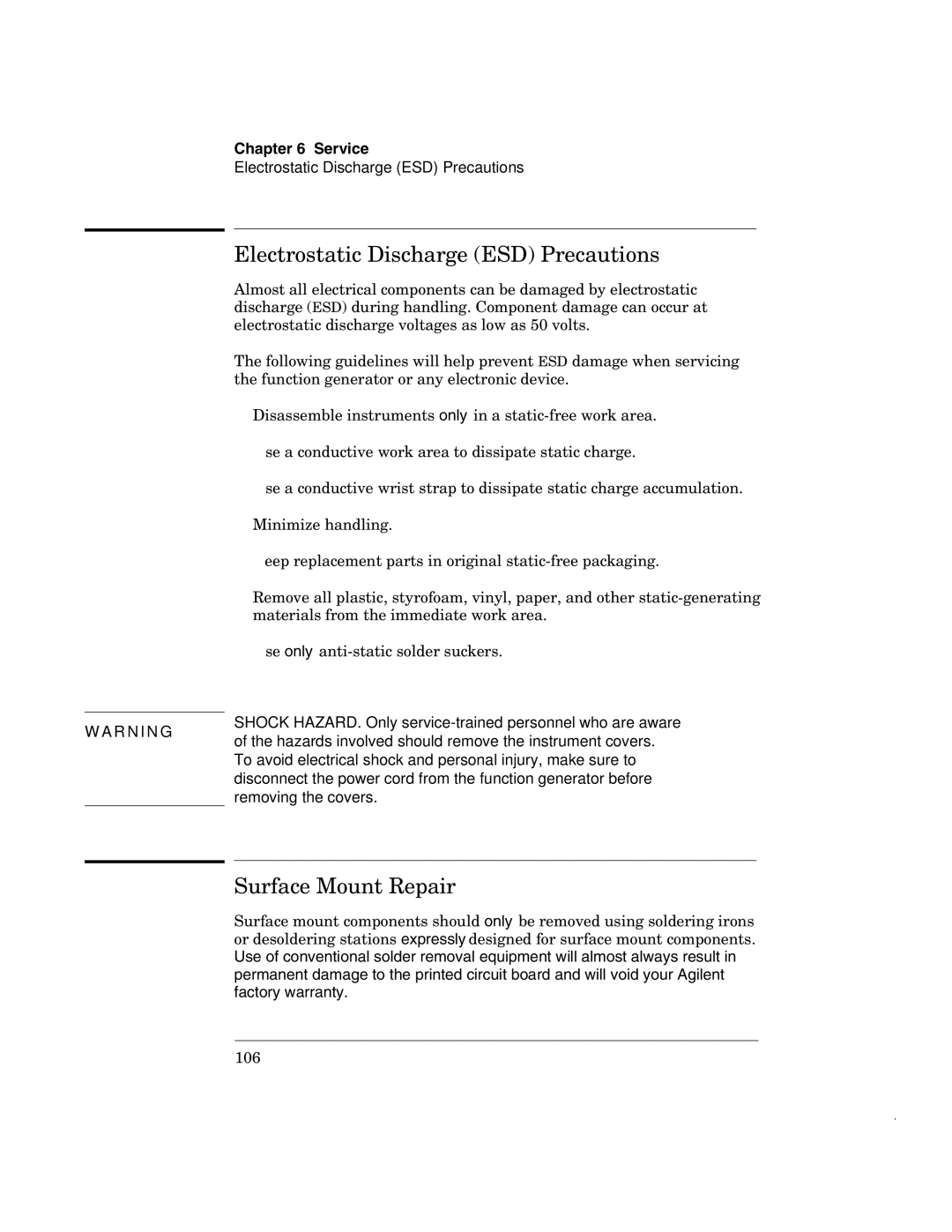 Agilent Technologies 33120A manual Electrostatic Discharge ESD Precautions, Surface Mount Repair 