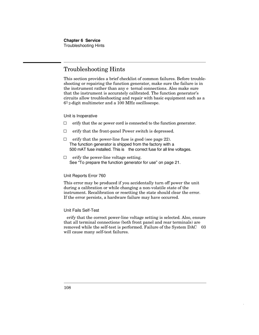 Agilent Technologies 33120A manual Troubleshooting Hints, Unit is Inoperative, Unit Reports Error, Unit Fails Self-Test 