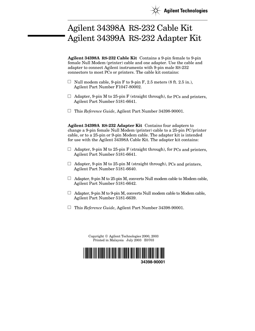 Agilent Technologies 34398A RS-232, 34399A RS-232 manual 34398-90001 