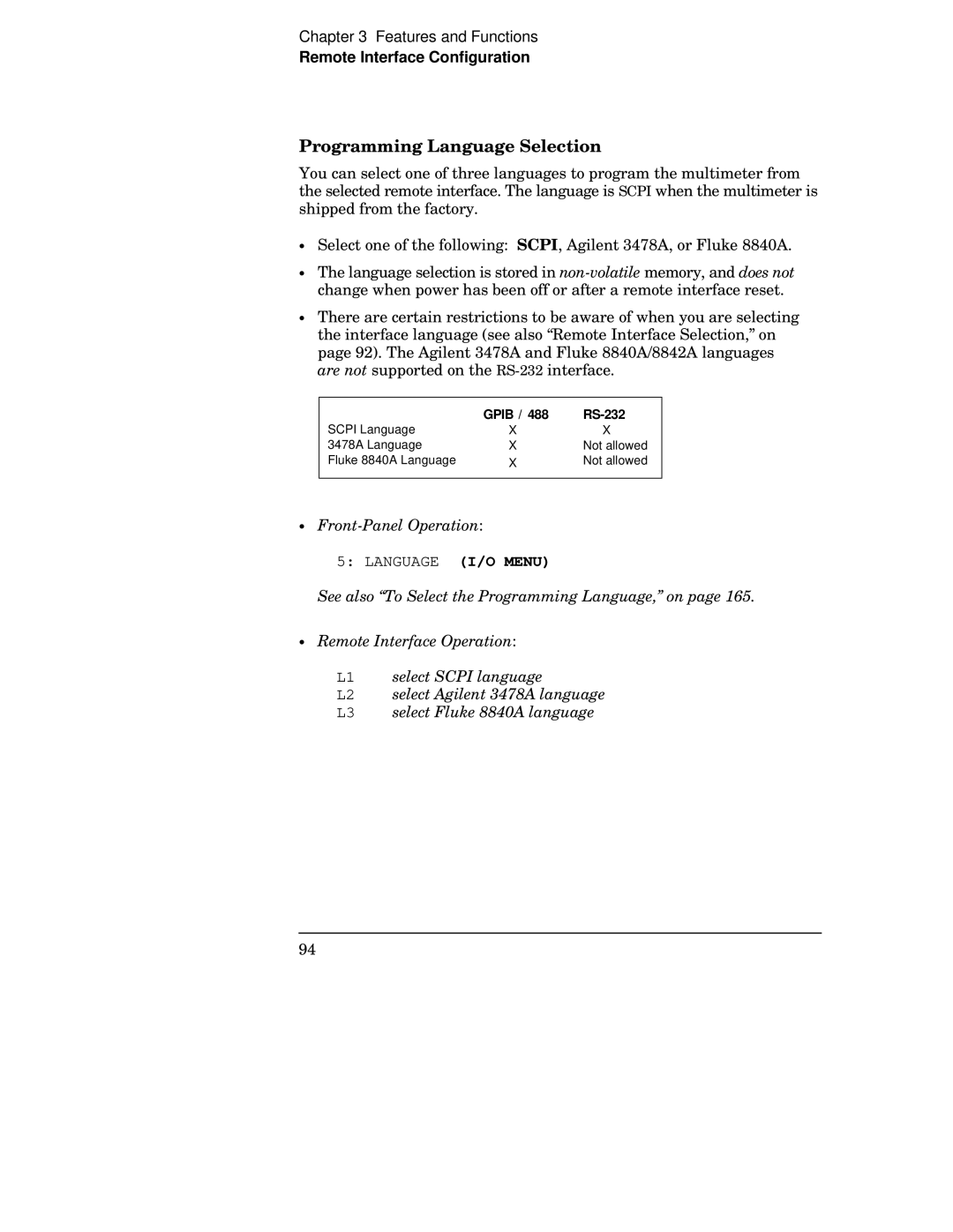 Agilent Technologies 34401A manual Programming Language Selection, Language I/O Menu 