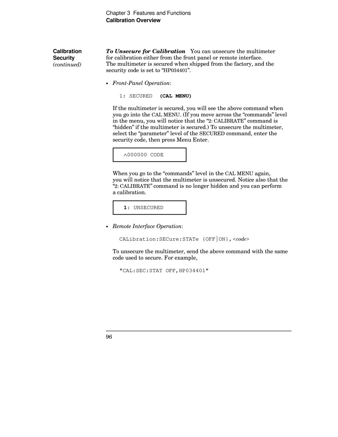 Agilent Technologies 34401A manual Calibration Security, Secured CAL Menu 