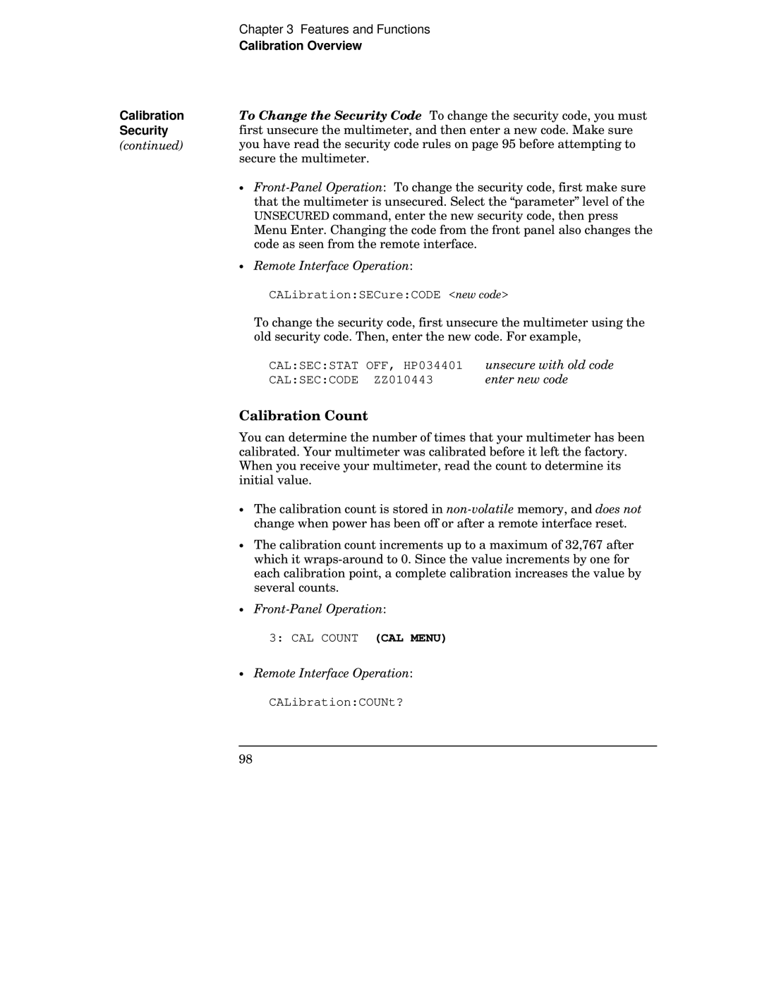 Agilent Technologies 34401A manual Calibration Count, Unsecure with old code, Enter new code 