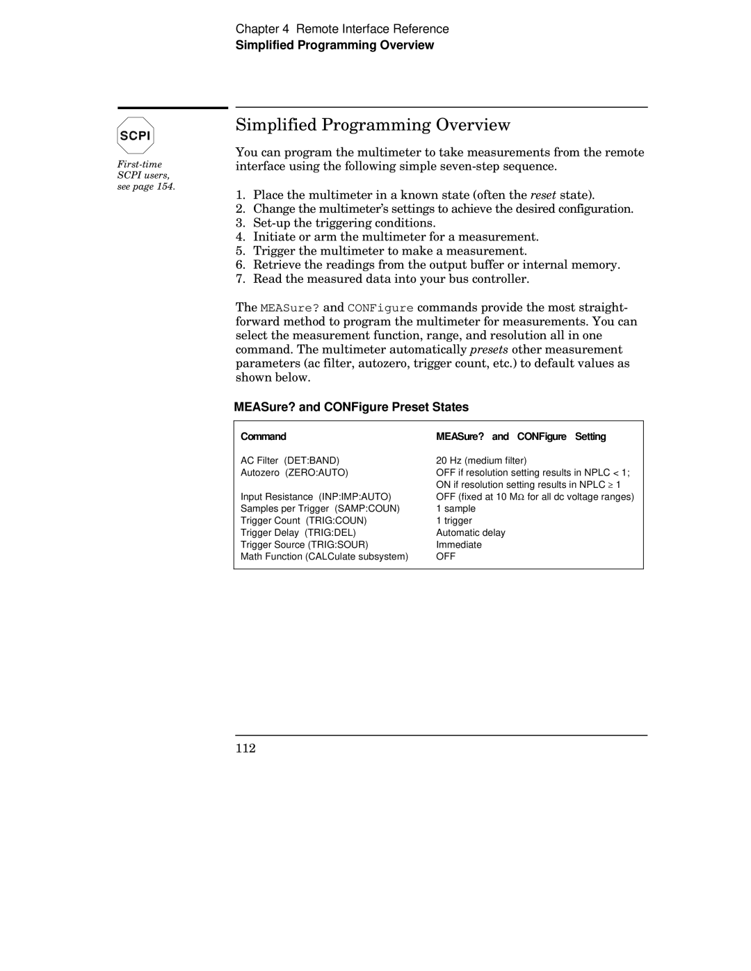 Agilent Technologies 34401A manual Simplified Programming Overview, MEASure? and CONFigure Preset States 