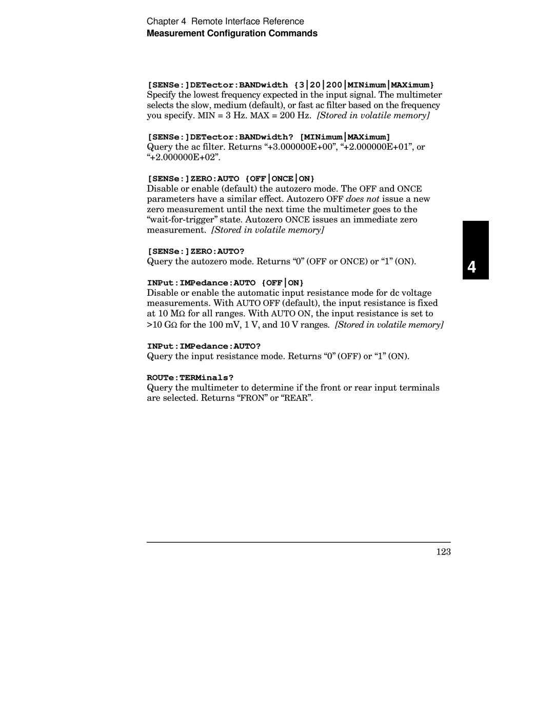 Agilent Technologies 34401A manual SENSeDETectorBANDwidth 320200MINimumMAXimum, SENSeDETectorBANDwidth? MINimumMAXimum 