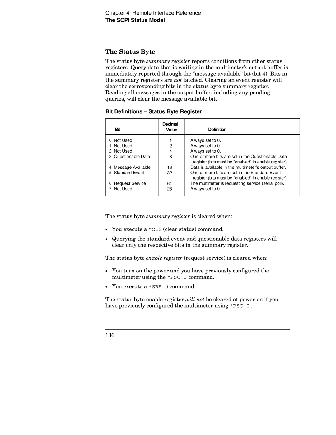 Agilent Technologies 34401A manual Bit Definitions Status Byte Register, Bit Decimal Definition Value 