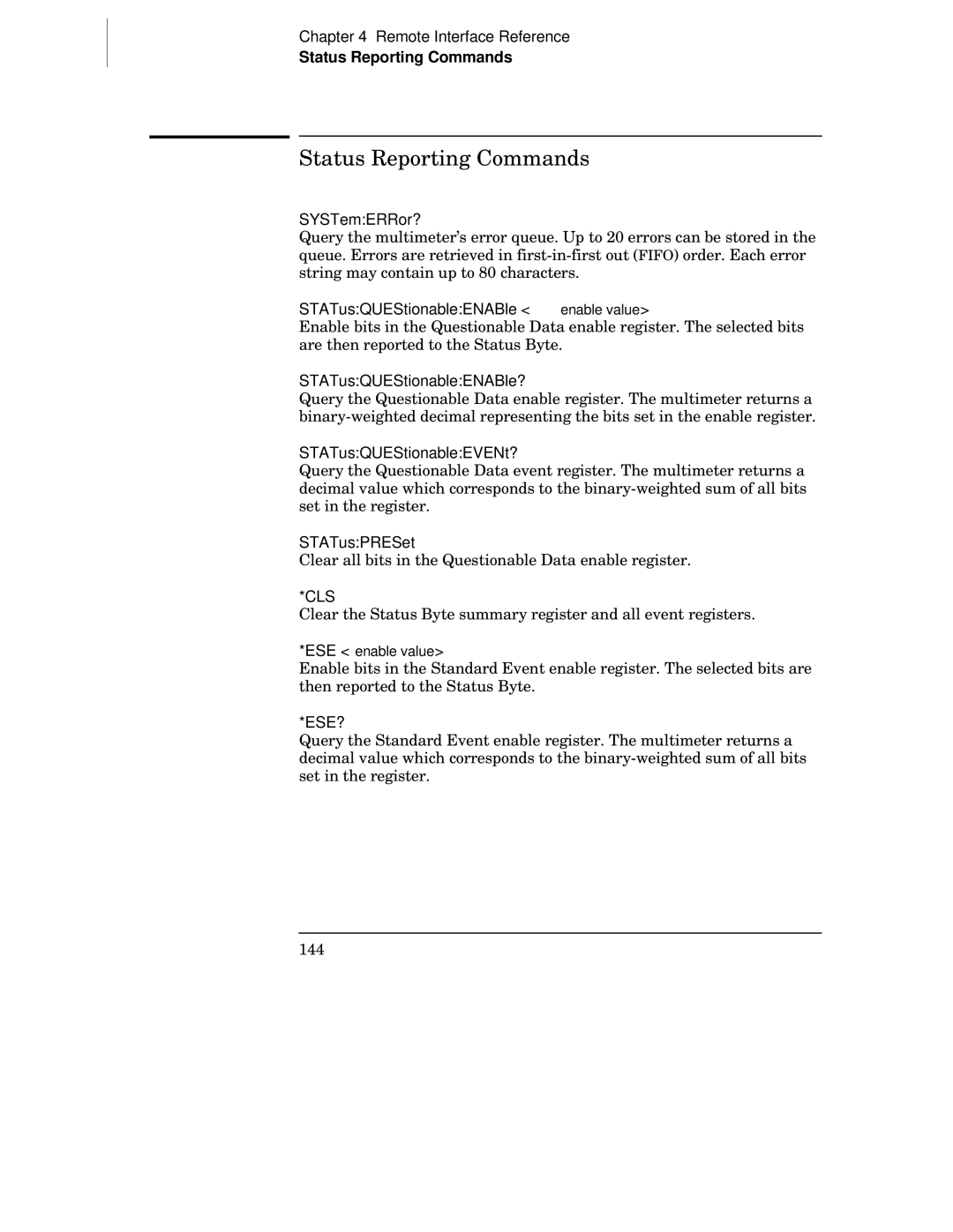 Agilent Technologies 34401A manual Status Reporting Commands, Cls, Ese? 