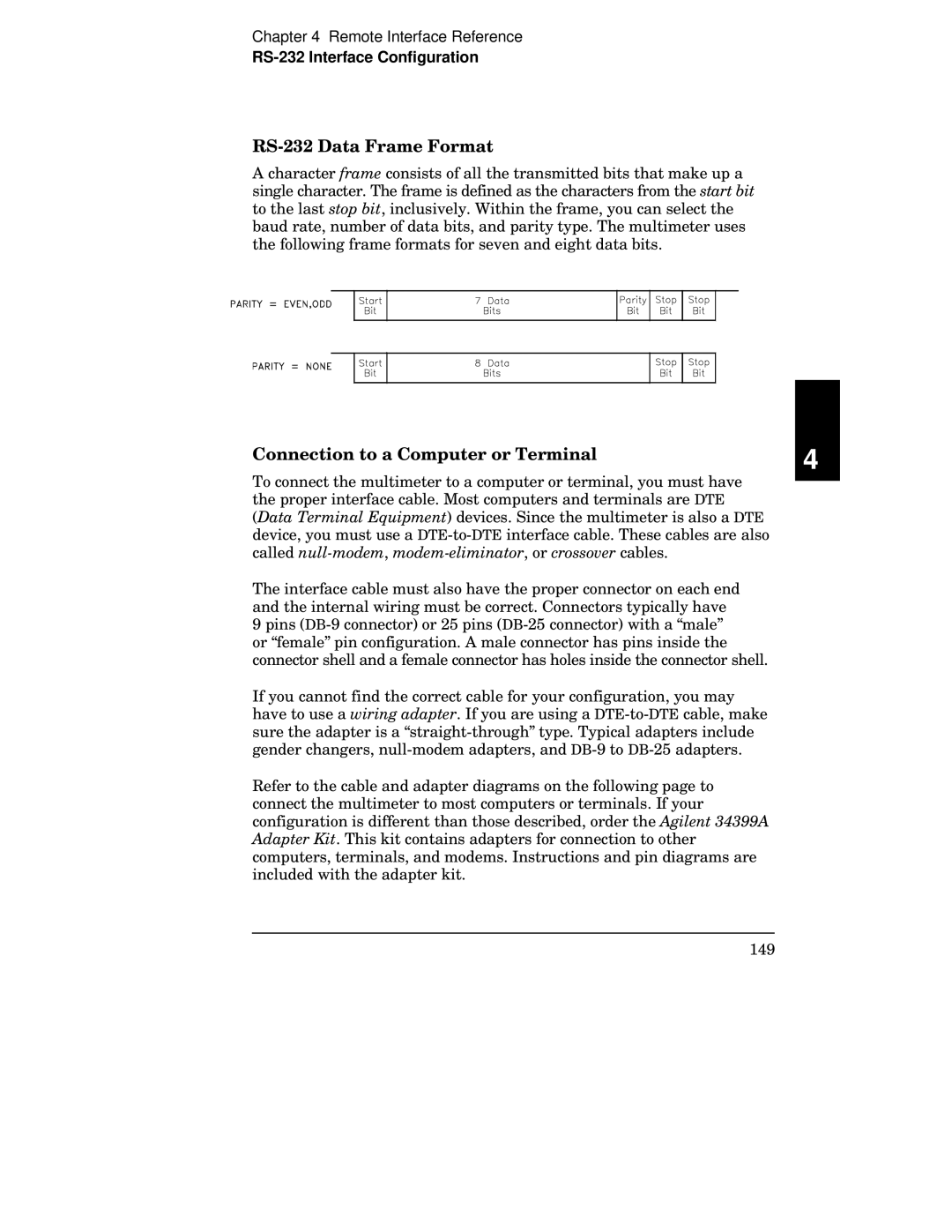 Agilent Technologies 34401A manual RS-232 Data Frame Format, Connection to a Computer or Terminal 