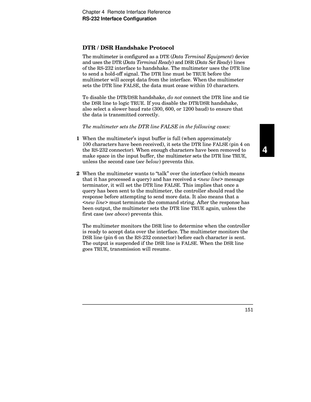 Agilent Technologies 34401A manual DTR / DSR Handshake Protocol, Multimeter sets the DTR line False in the following cases 