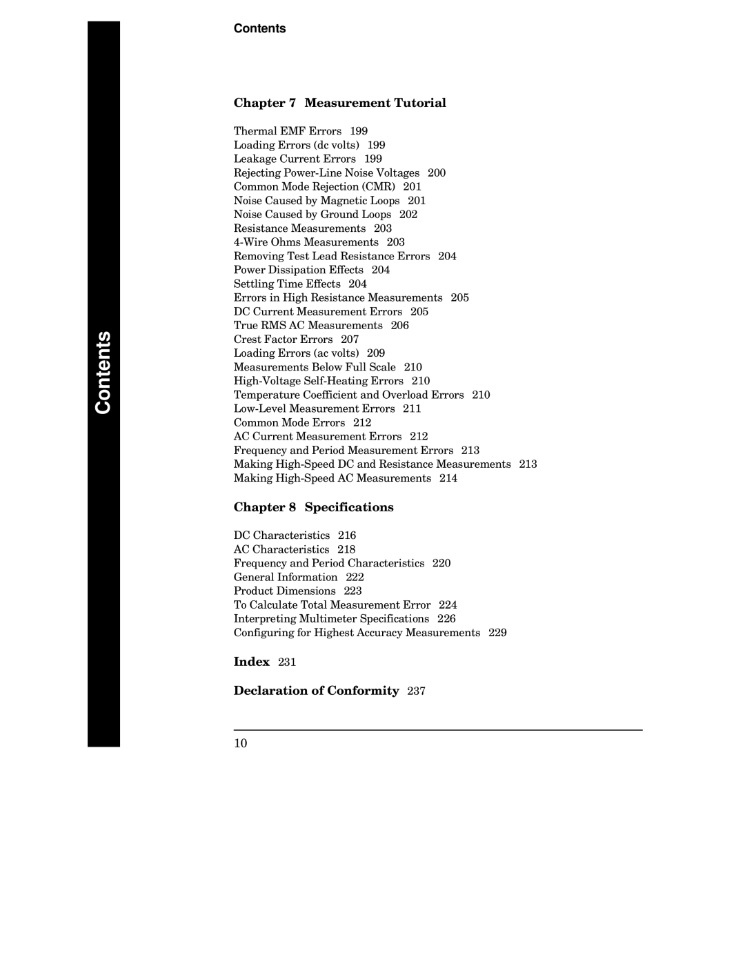 Agilent Technologies 34401A manual Measurement Tutorial, Specifications, Index Declaration of Conformity 