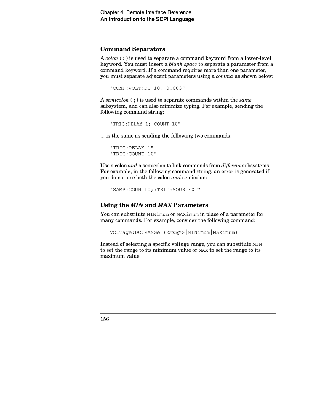 Agilent Technologies 34401A manual Command Separators, Using the MIN and MAX Parameters 