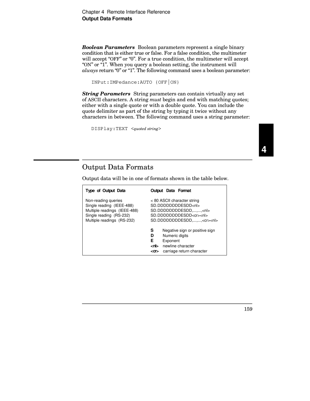 Agilent Technologies 34401A manual Output Data Formats, Type of Output Data Output Data Format 