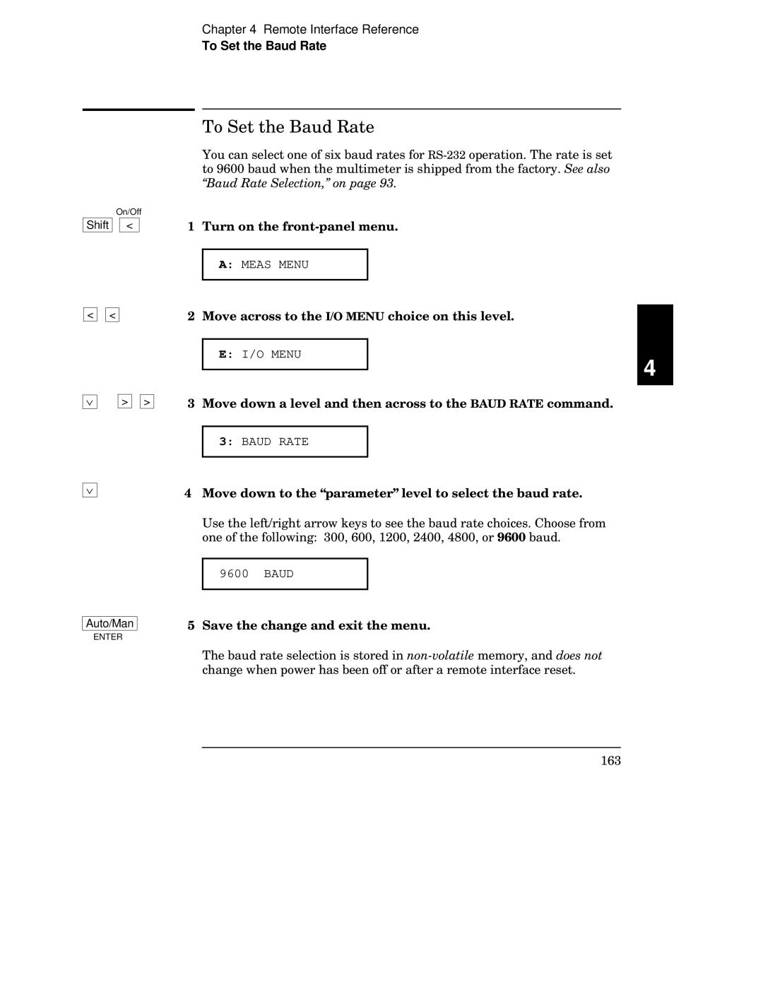 Agilent Technologies 34401A manual To Set the Baud Rate, Move down a level and then across to the Baud Rate command 