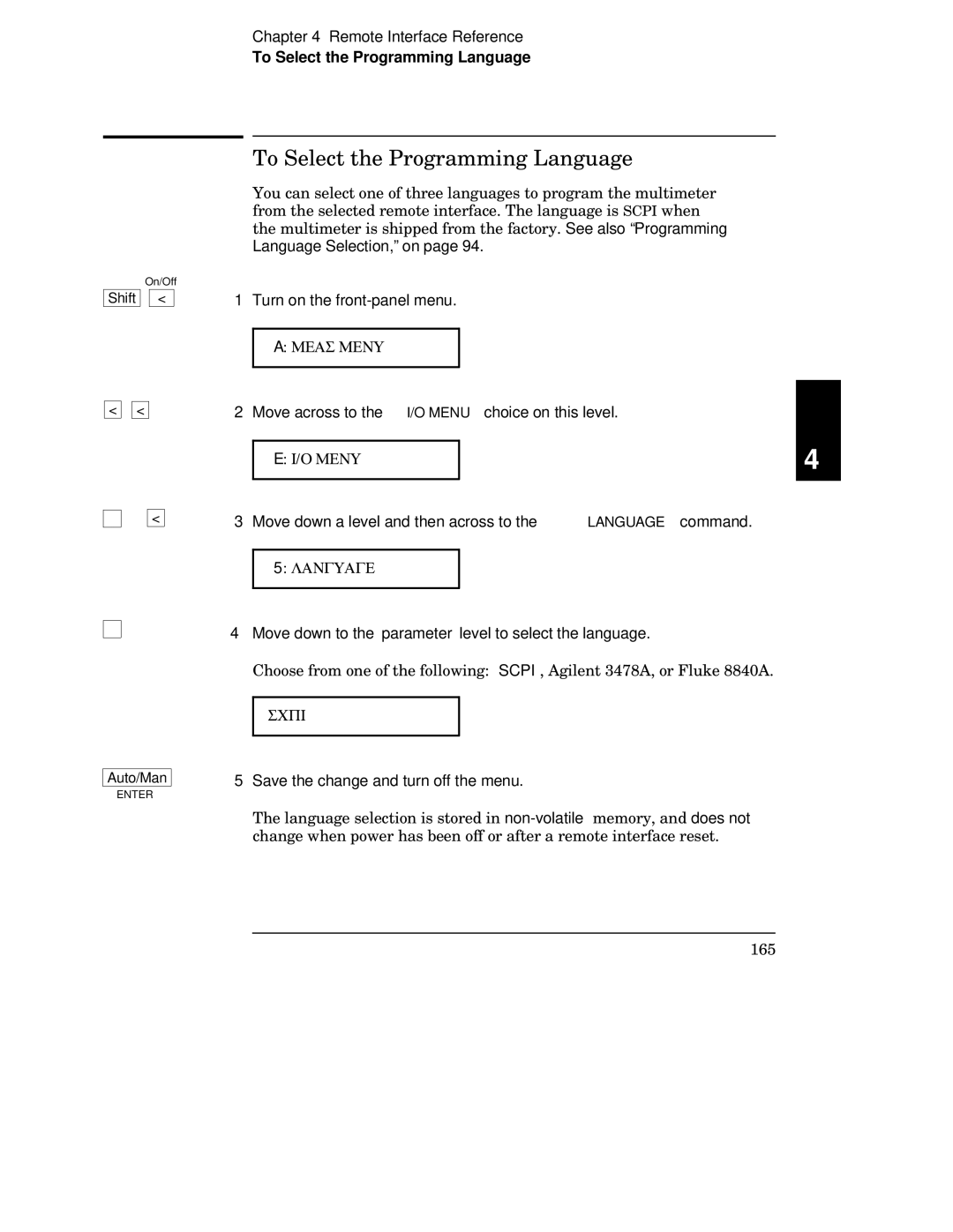 Agilent Technologies 34401A manual To Select the Programming Language, O Menu 