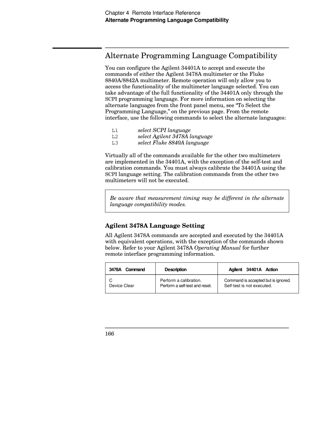 Agilent Technologies 34401A manual Alternate Programming Language Compatibility, Agilent 3478A Language Setting 