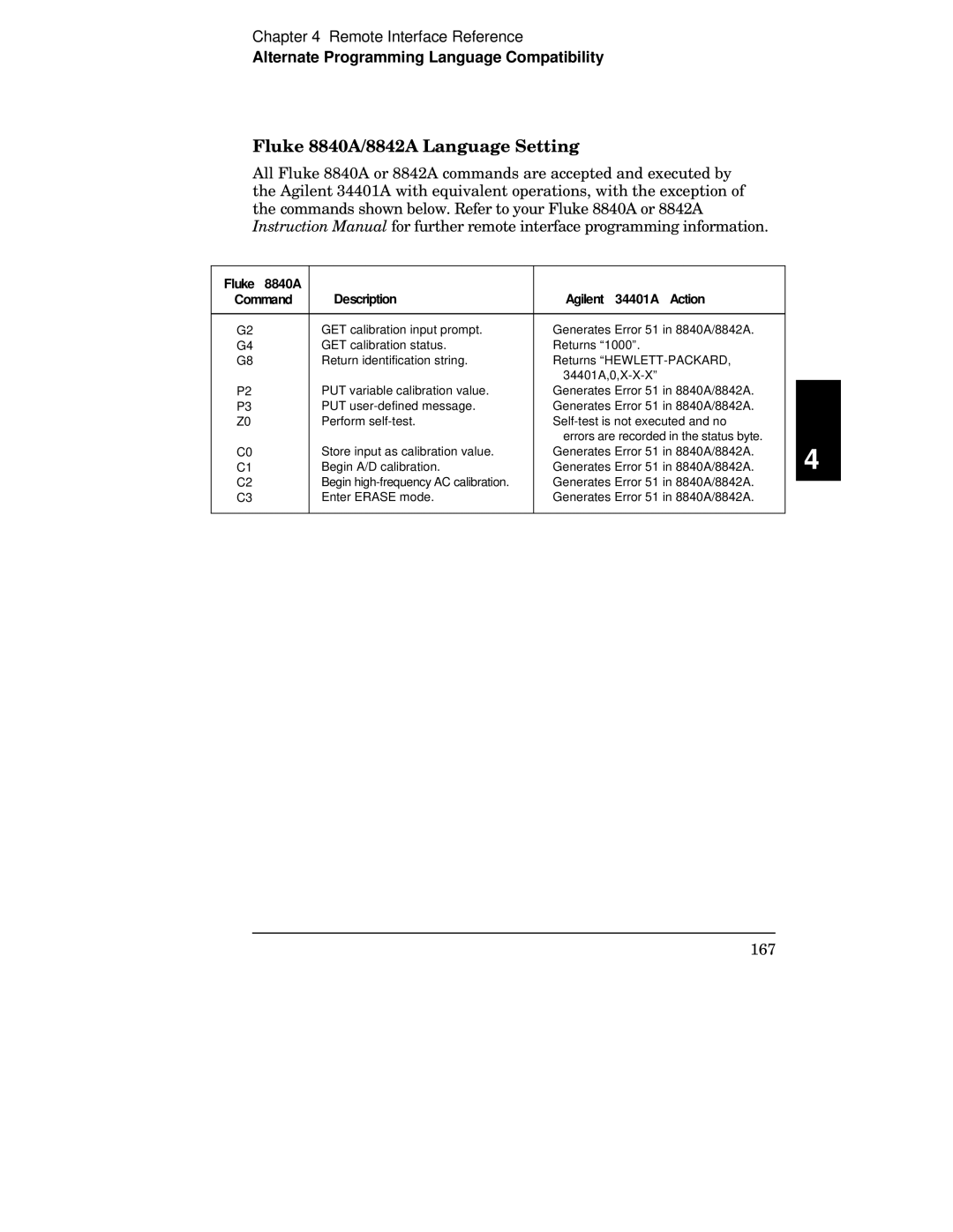 Agilent Technologies manual Fluke 8840A/8842A Language Setting, Fluke 8840A Description Agilent 34401A Action Command 