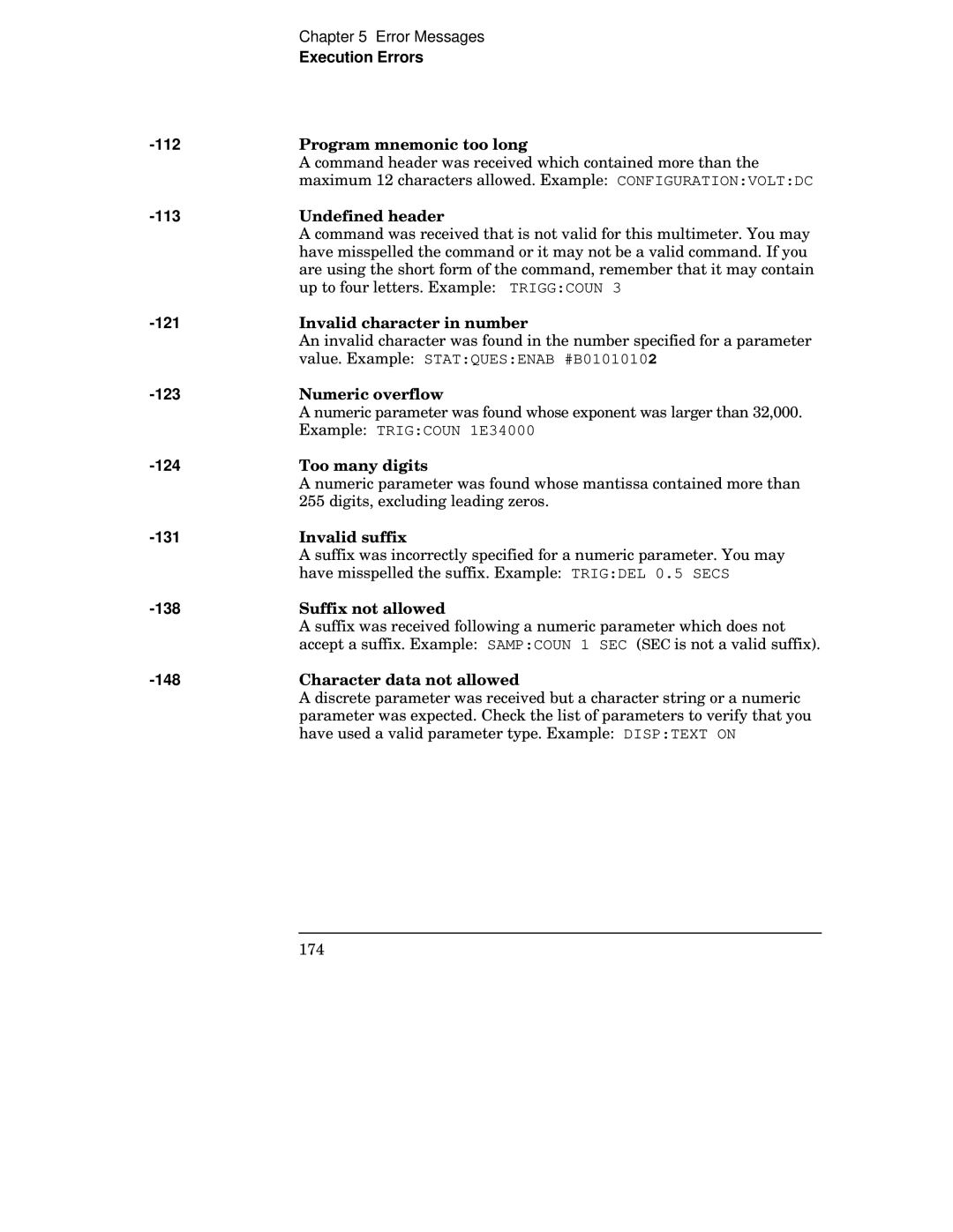 Agilent Technologies 34401A manual Execution Errors 112, 113, 121, 123, 124, 131, 138, 148 