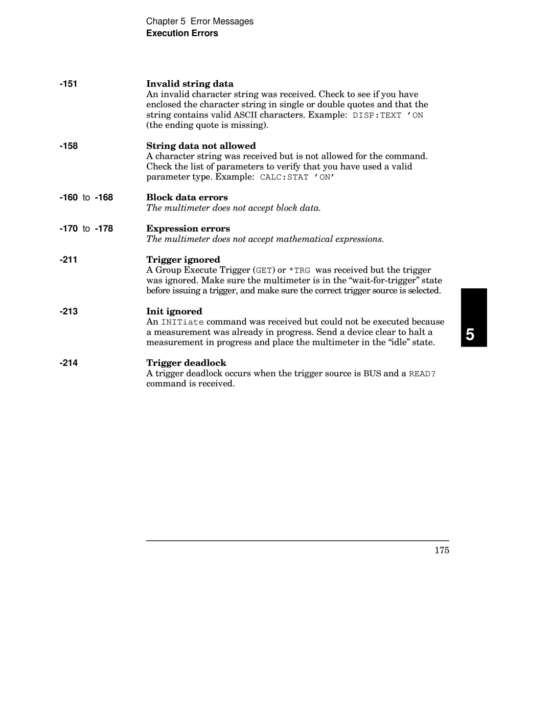 Agilent Technologies 34401A manual Execution Errors 151, Invalid string data, 158, String data not allowed 