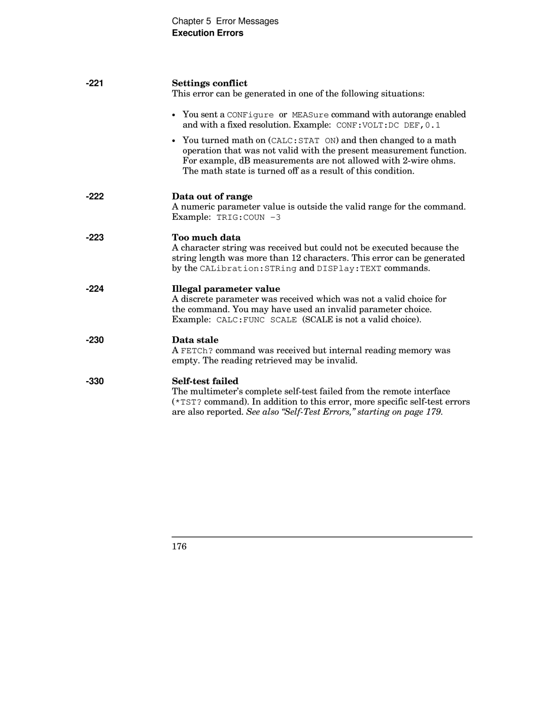 Agilent Technologies 34401A manual Execution Errors 221, 222, 223, 224, 230, 330 