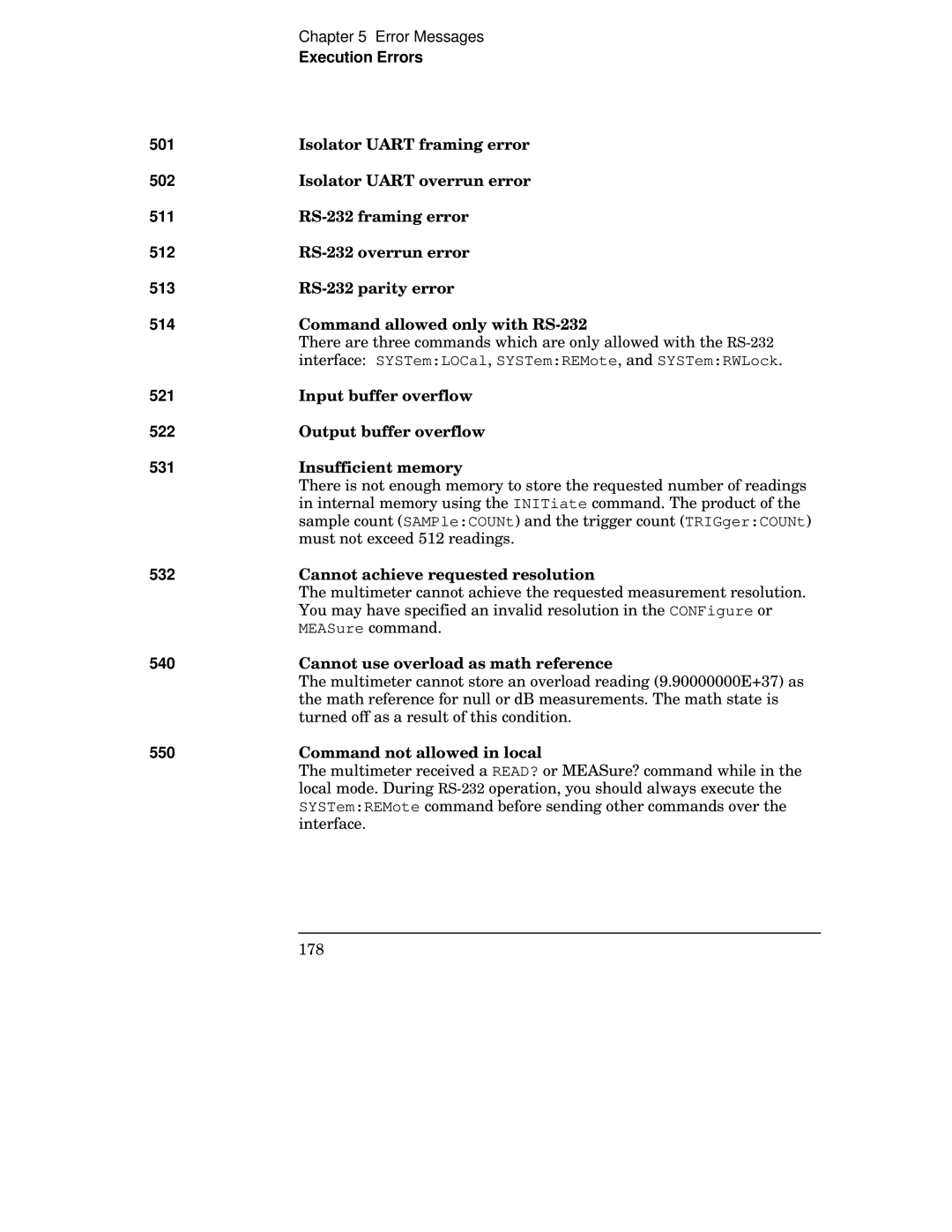 Agilent Technologies 34401A manual Execution Errors 501, 502, 511, 512, 513, 514, 521, 522, 531, 532, 540, 550 