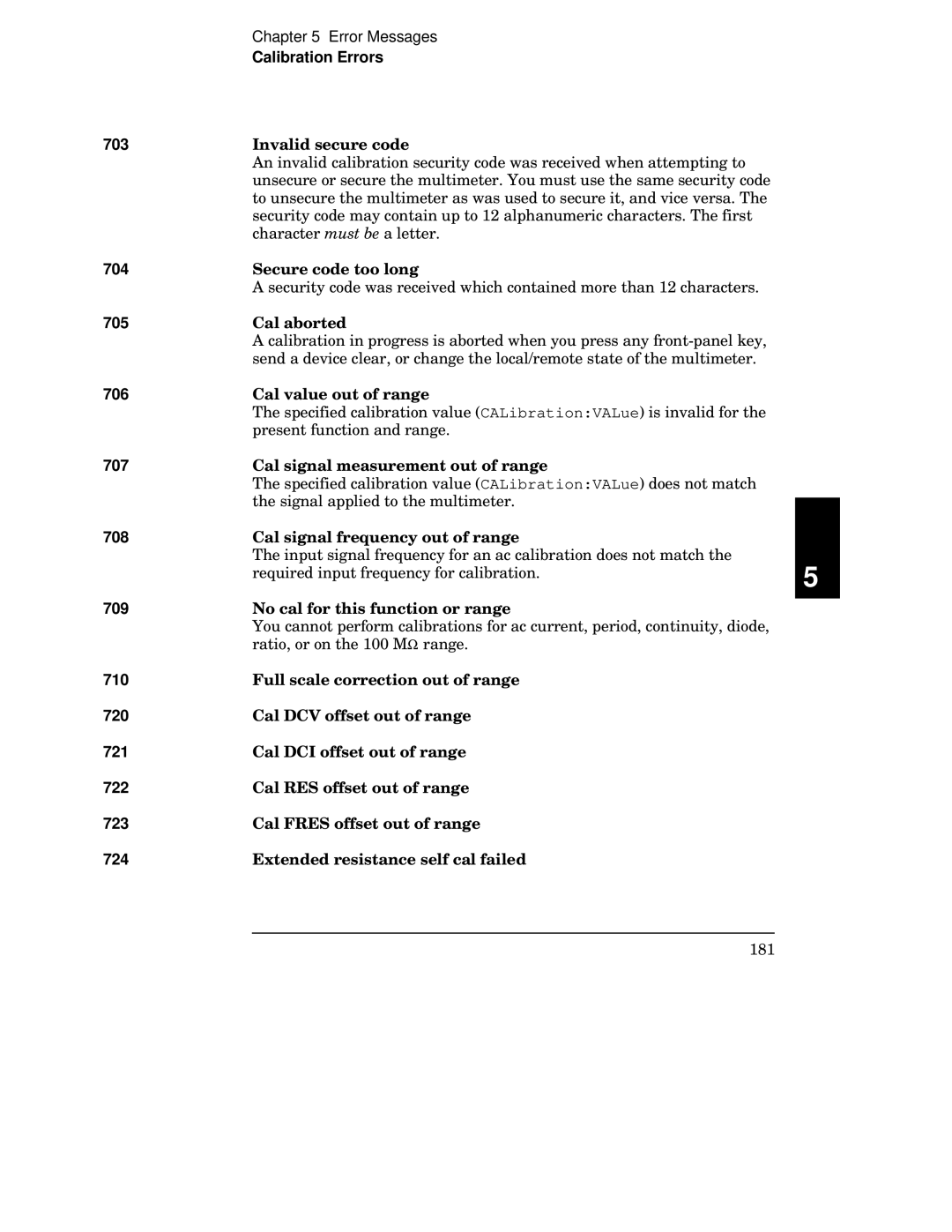 Agilent Technologies 34401A manual Calibration Errors 703, 704, 705, 706, 707, 708, 709, 710, 720, 721, 722, 723, 724 