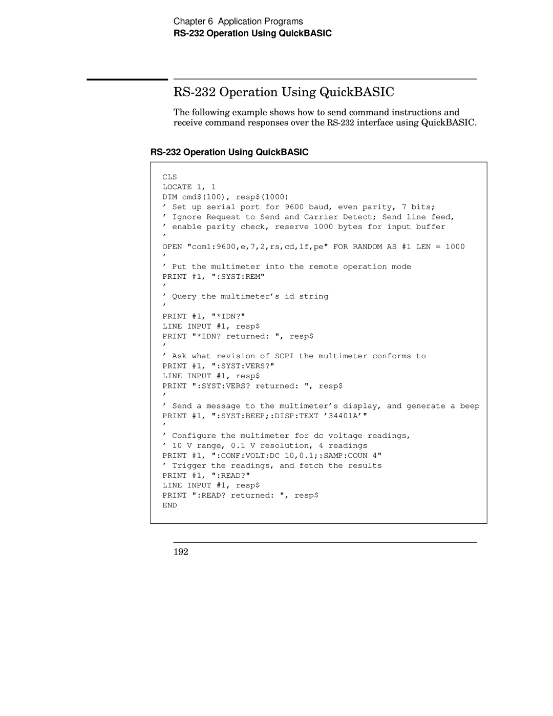 Agilent Technologies 34401A manual RS-232 Operation Using QuickBASIC 