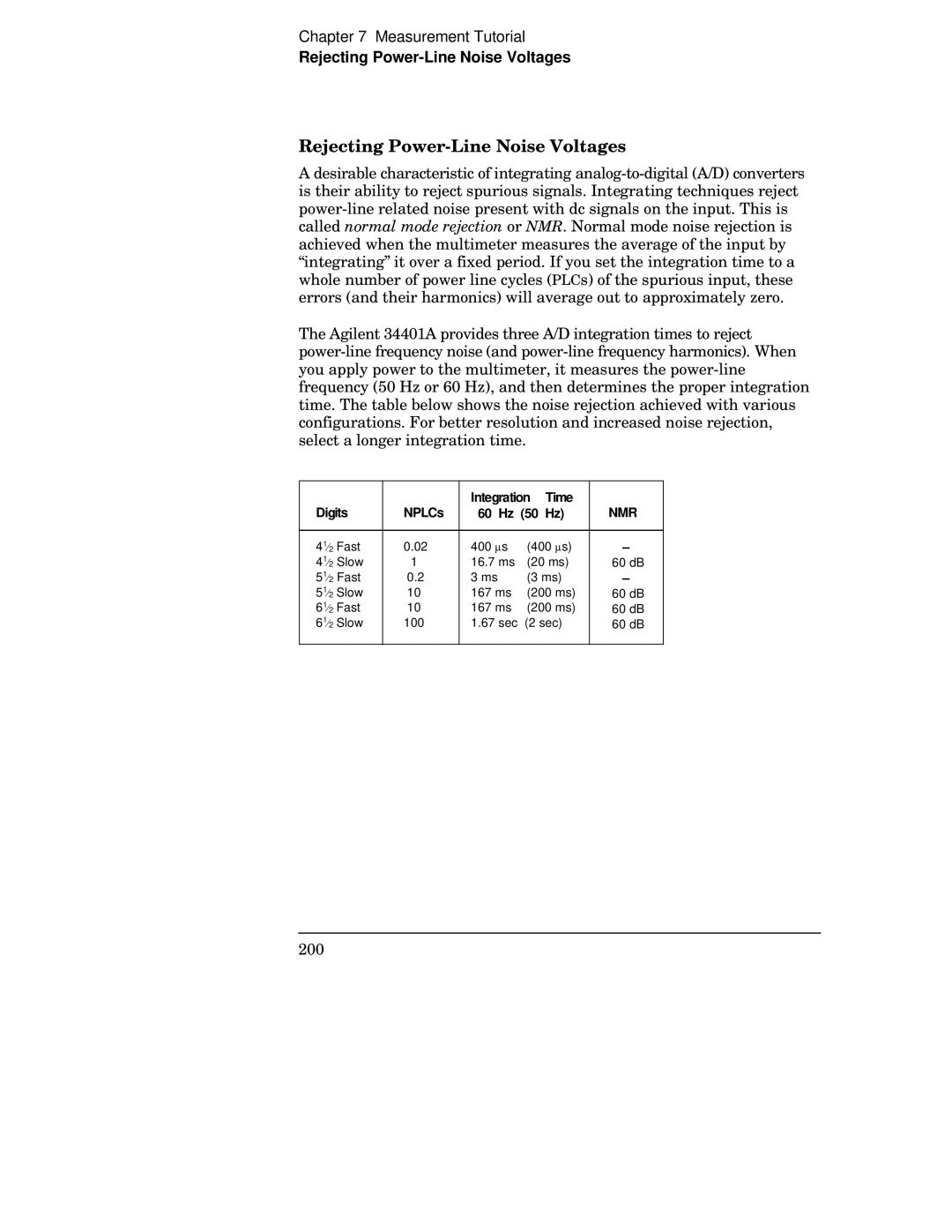 Agilent Technologies 34401A manual Rejecting Power-Line Noise Voltages, Digits NPLCs Integration Time, 60 Hz 50 Hz 