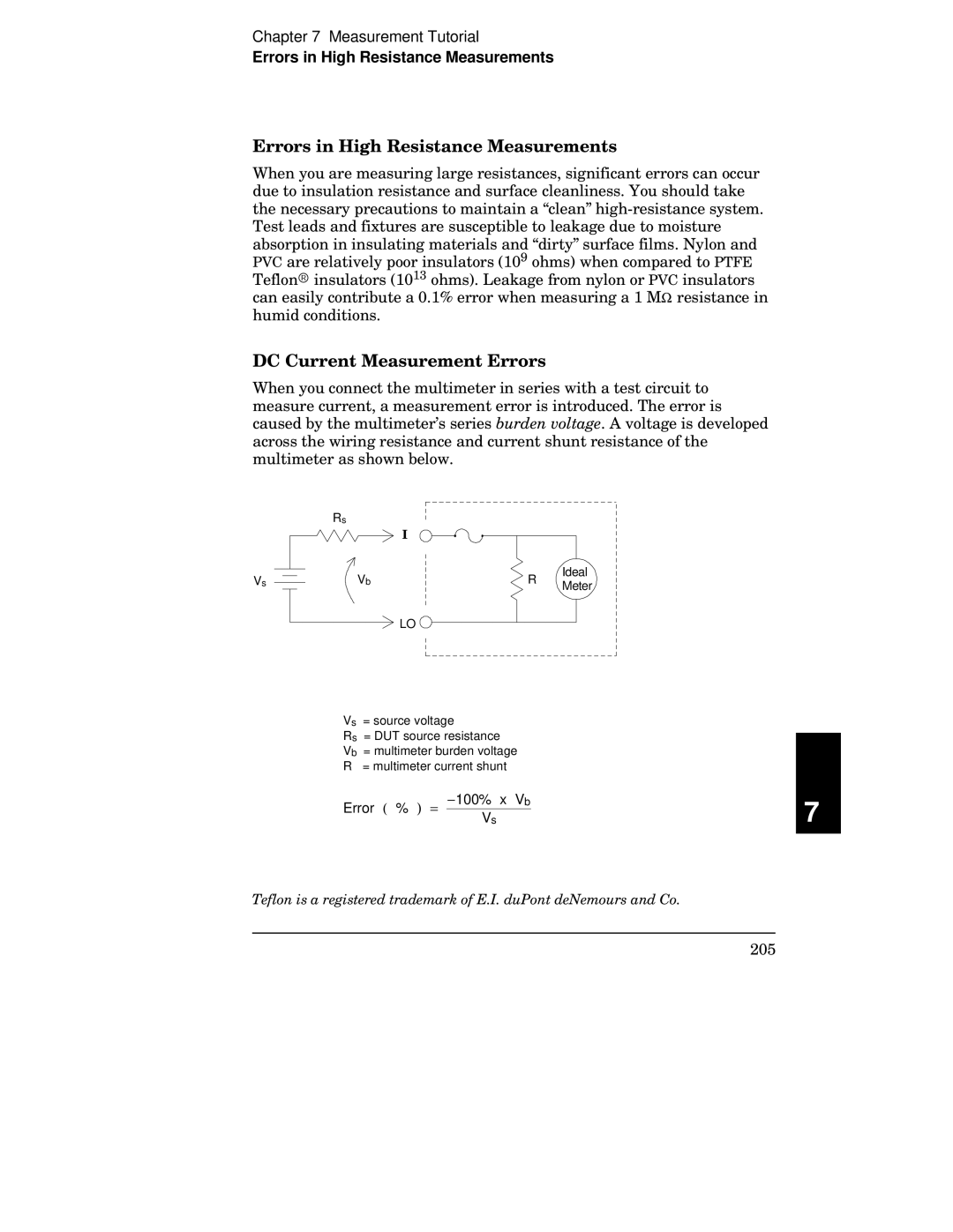 Agilent Technologies 34401A manual Errors in High Resistance Measurements, DC Current Measurement Errors 