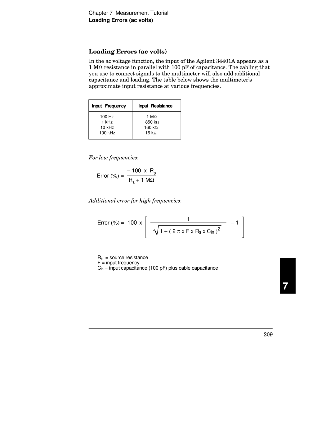 Agilent Technologies 34401A manual Loading Errors ac volts, For low frequencies, Additional error for high frequencies 