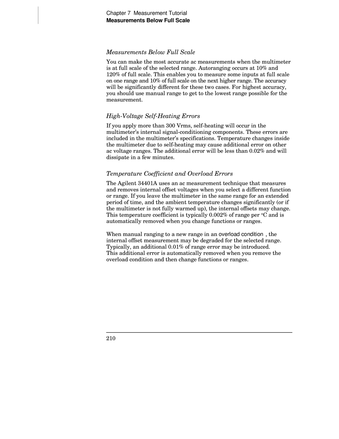 Agilent Technologies 34401A manual Measurements Below Full Scale, High-Voltage Self-Heating Errors 