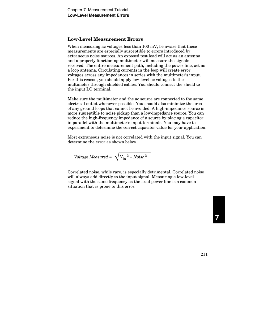 Agilent Technologies 34401A manual Low-Level Measurement Errors, Voltage Measured = √, + Noise 