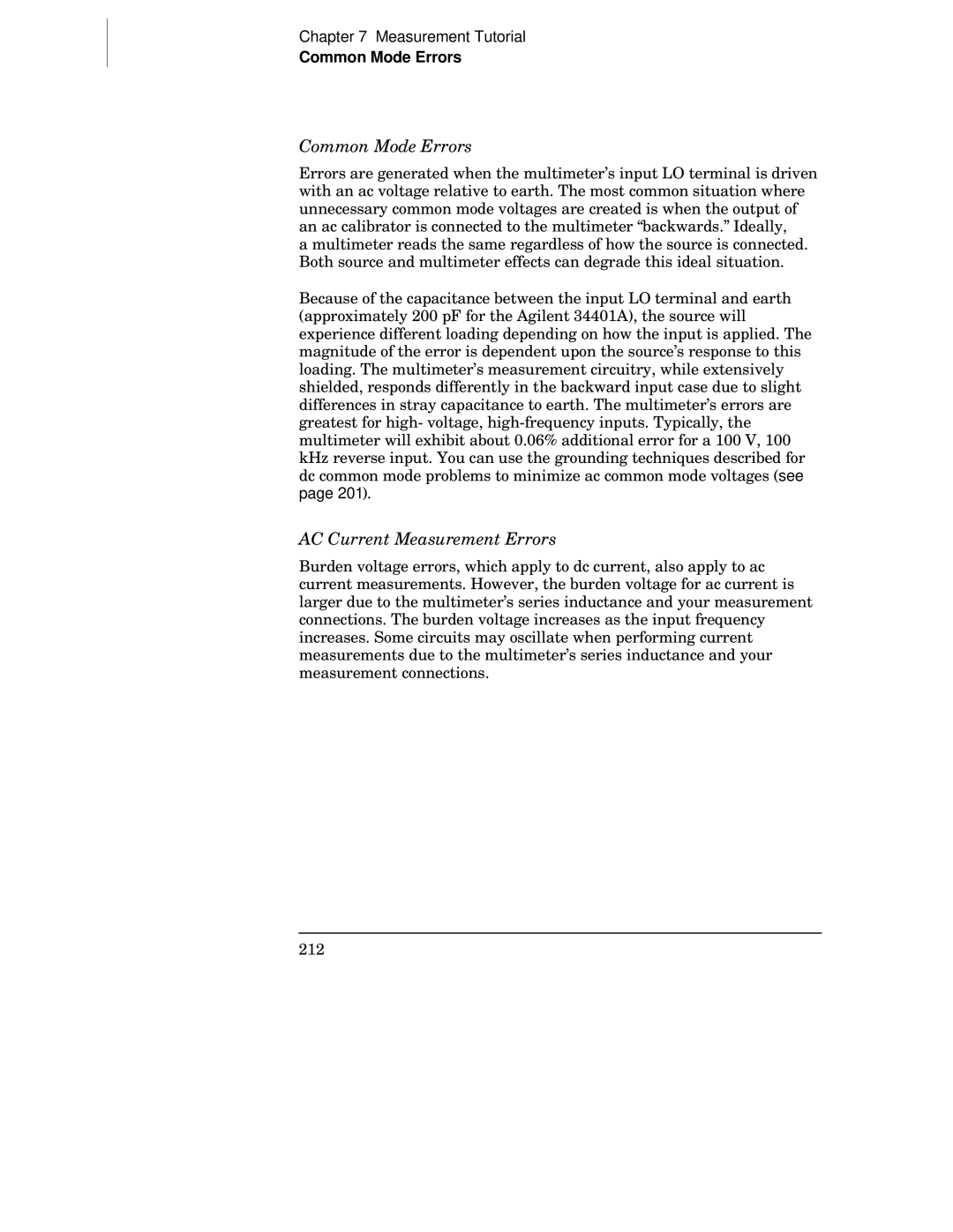 Agilent Technologies 34401A manual Common Mode Errors, AC Current Measurement Errors 