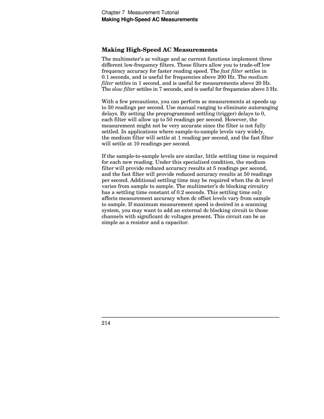 Agilent Technologies 34401A manual Making High-Speed AC Measurements 