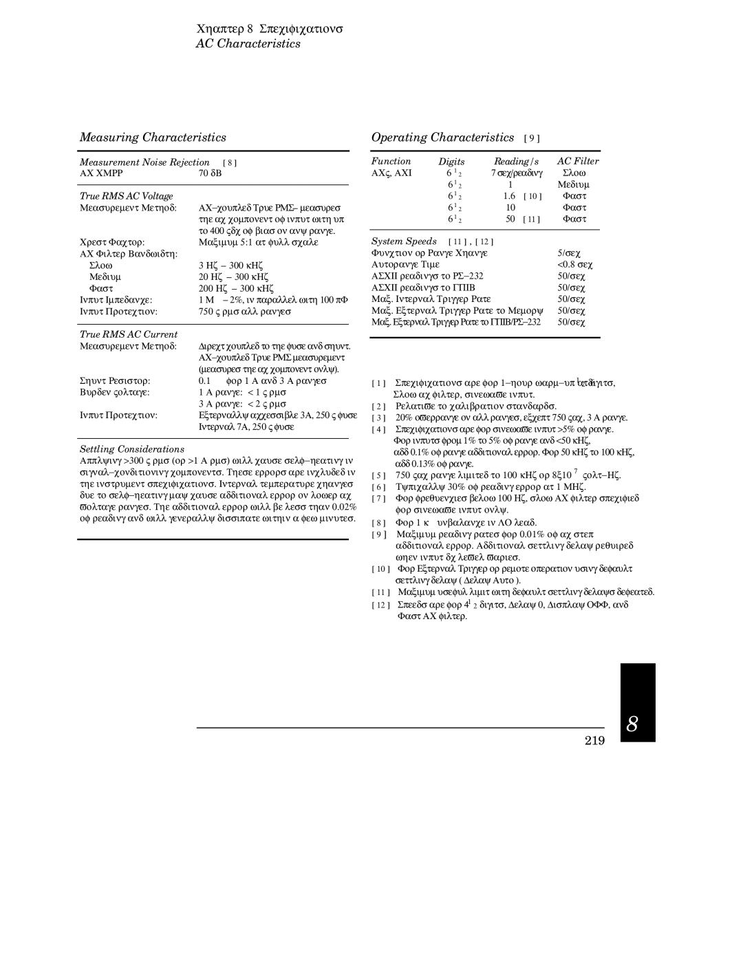 Agilent Technologies 34401A manual AC Characteristics Measuring Characteristics 