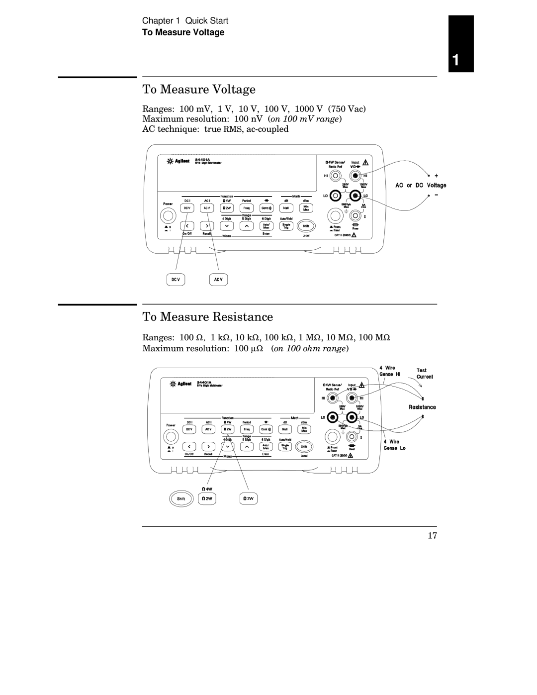 Agilent Technologies 34401A manual To Measure Voltage, To Measure Resistance 