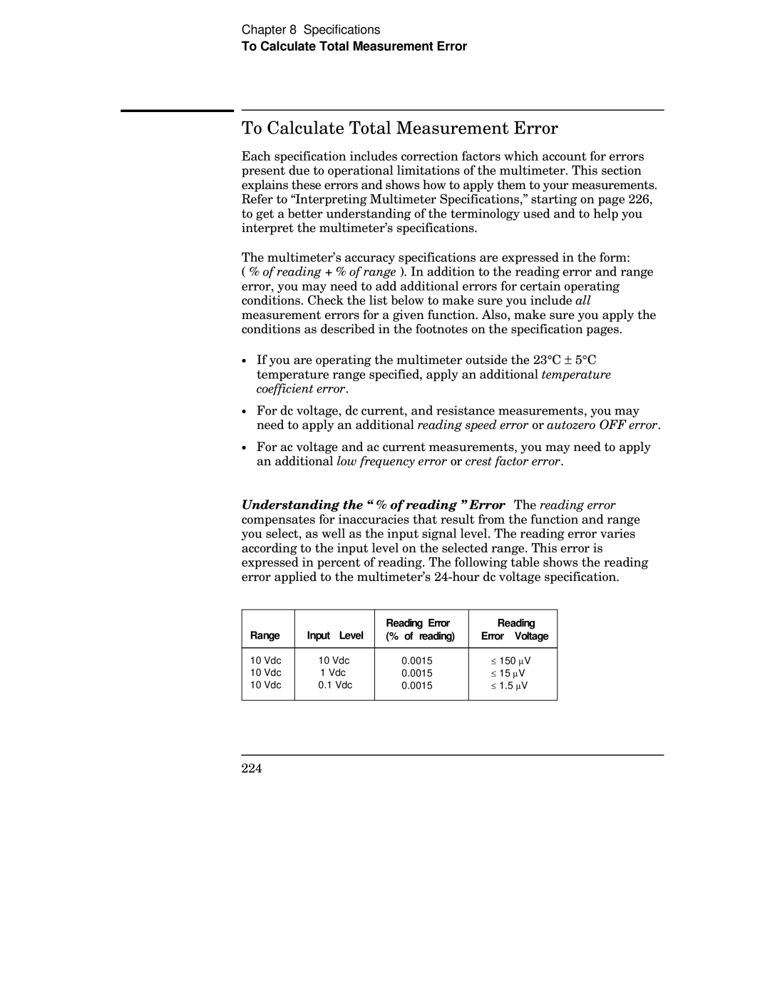 Agilent Technologies 34401A manual To Calculate Total Measurement Error, Range Input Level Reading Error 