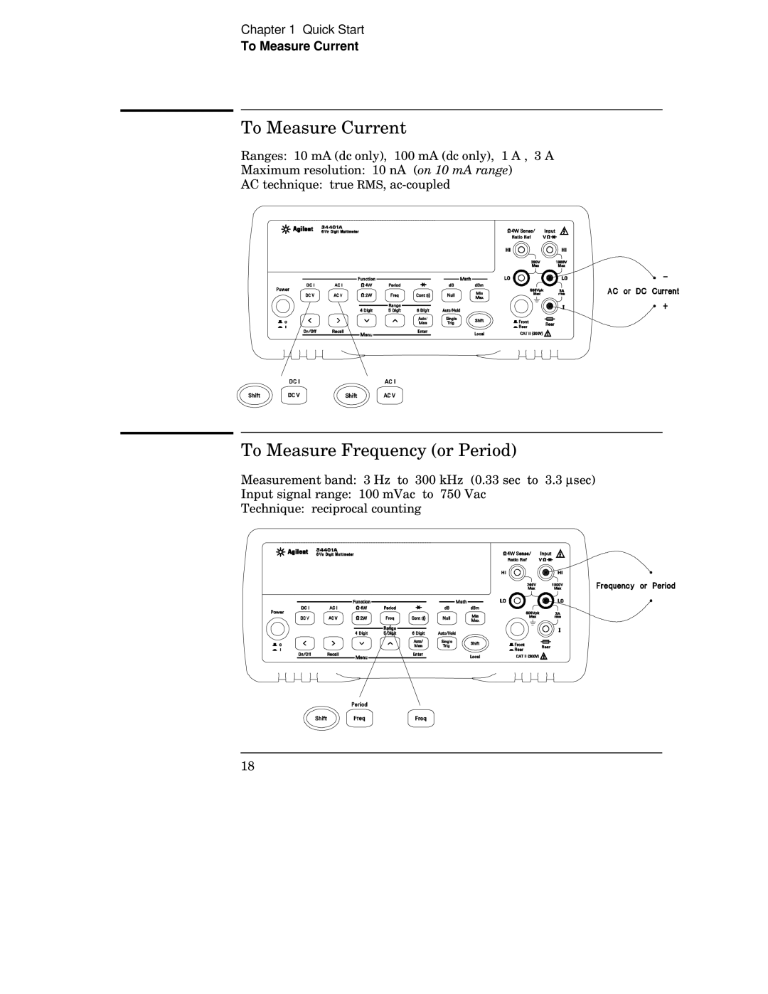 Agilent Technologies 34401A manual To Measure Current, To Measure Frequency or Period 