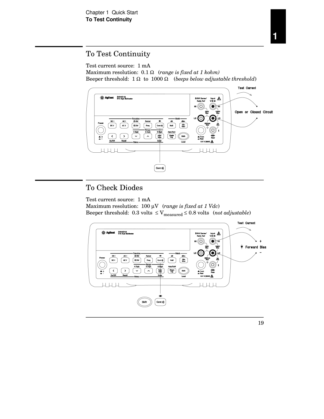 Agilent Technologies 34401A manual To Test Continuity, To Check Diodes 