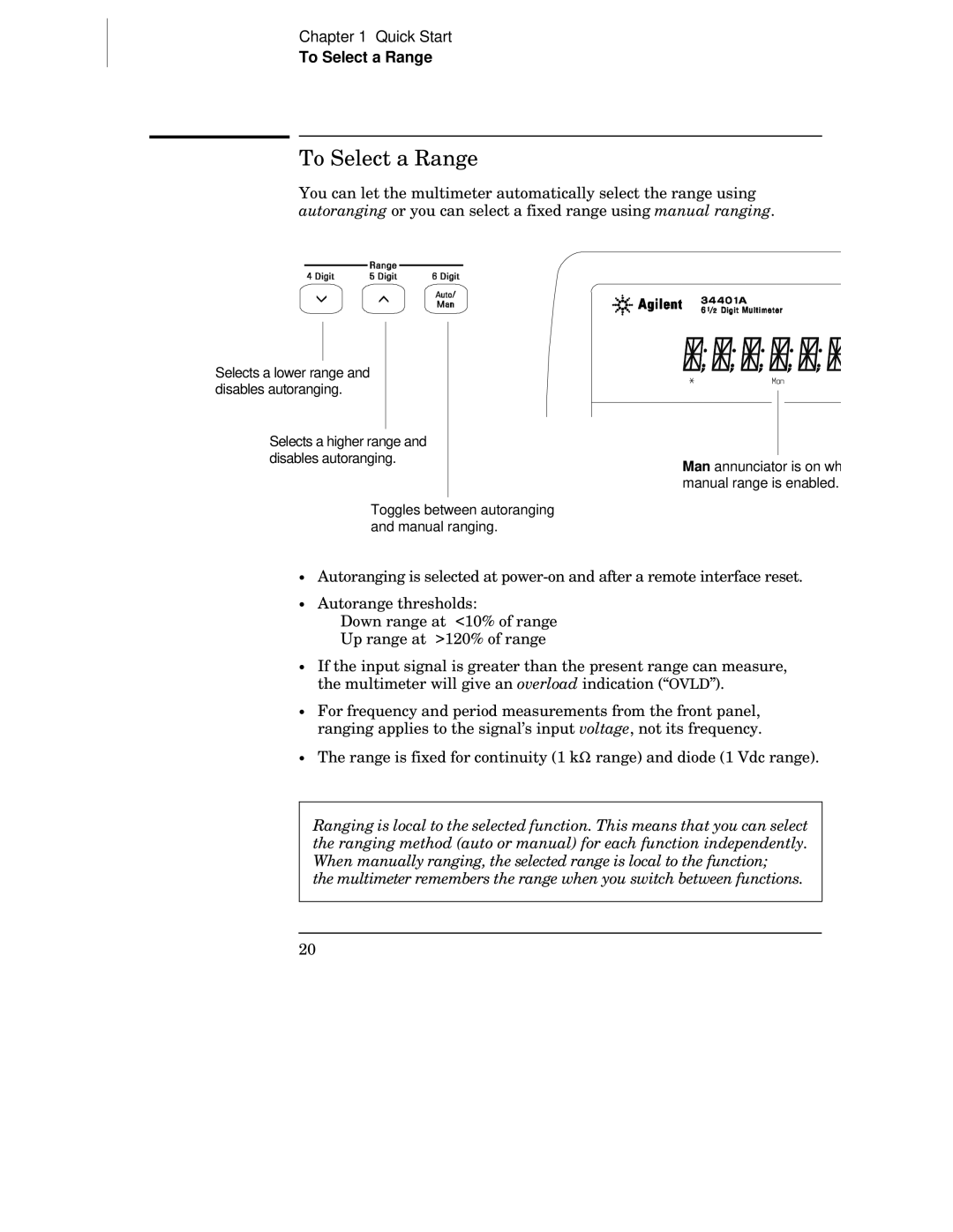 Agilent Technologies 34401A manual To Select a Range 